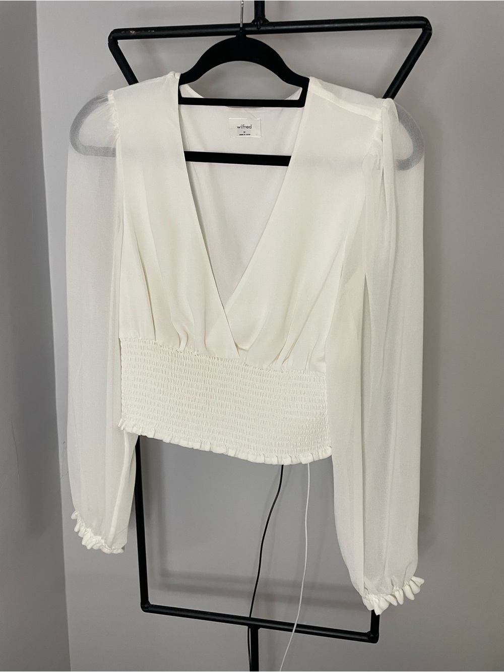 Wilfred White V-Neck Smocked Waist Long Sleeve Blouse